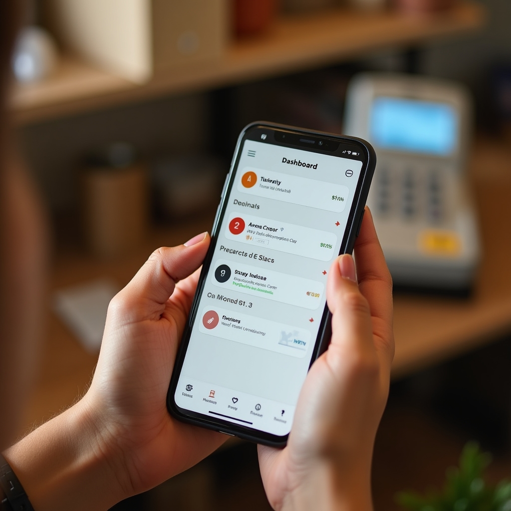 Persona revisando el panel administrativo desde un celular en el mostrador de un local