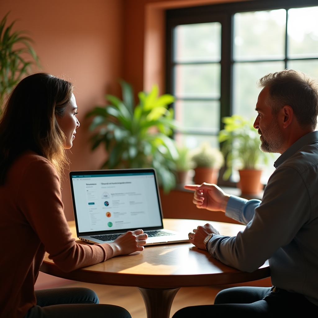 Dos personas configurando el software en una llamada de una hora sobre una mesa de oficina