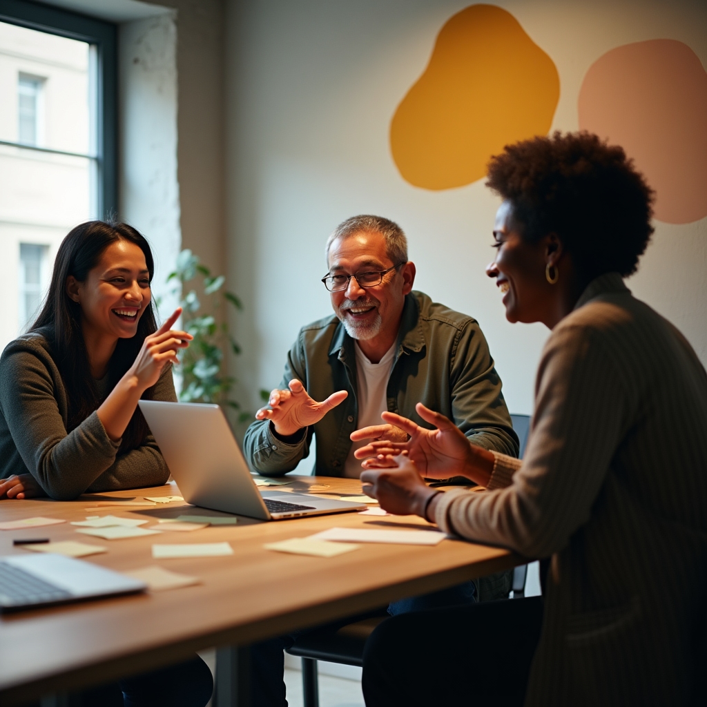 Equipo pequeño de pyme conversando alrededor de una mesa de trabajo con notas y una laptop